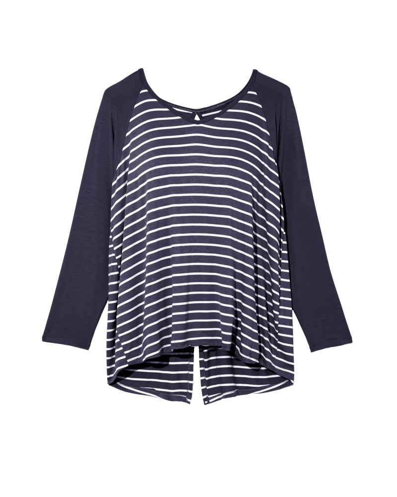 Front of plus size Tessie Long Sleeve Contrast Split Back Tee by Molly&Isadora | Dia&Co | dia_product_style_image_id:118849